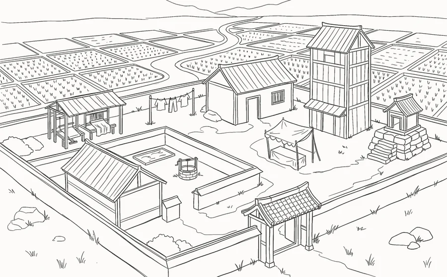 Sketsa desa: sawah, jalan, rumah bertembok, menara, kuil kecil dan gerbang