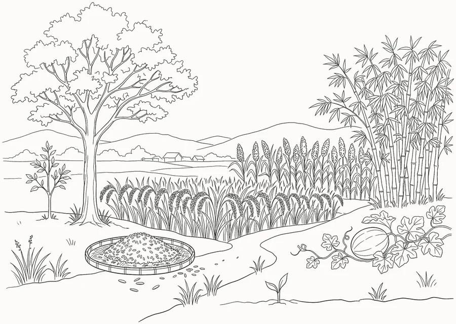 Sketsa ladang: pohon besar, sawah, rumpun bambu, semangka dan tunas