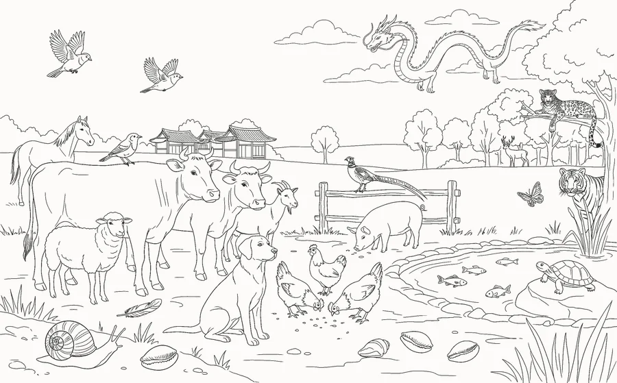 Sketsa halaman ternak: sapi, kuda, domba, anjing, ayam, kolam ikan, dan naga di langit