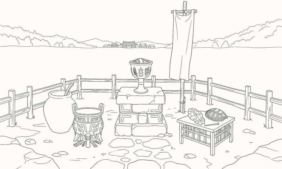 Sketsa altar: wadah persembahan, kendi, periuk perunggu, panji, dan tempurung ramalan di atas meja